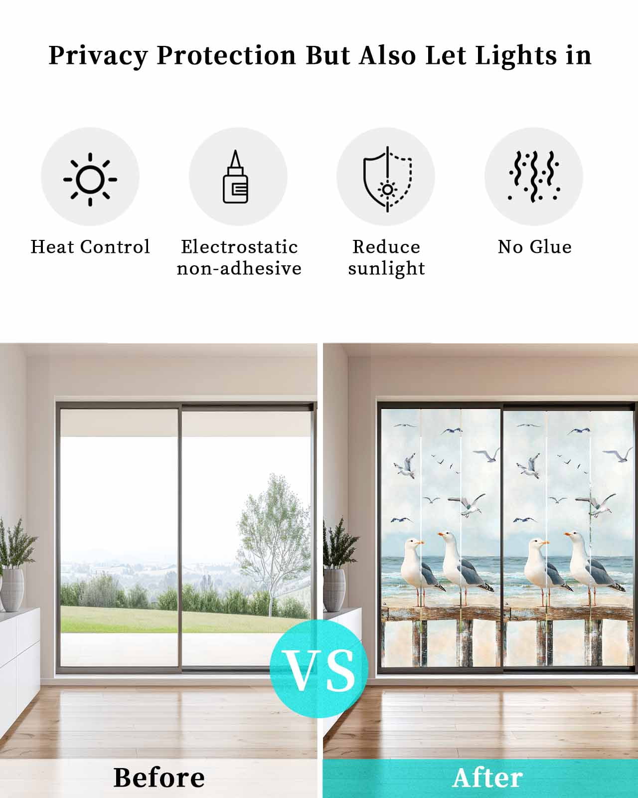 Window Privacy Film Coastal Seagull Stained Glass Window Film Decorative Sun Block Window Cover Summer Beach Ocean Birds Retro Window Clings Static Adhesive Sticker for Bathroom 35.4"x78.7"