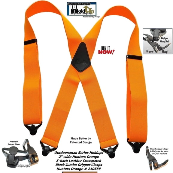 hold-ups hunter orange 2"" wide work suspenders with composite plastic gripper clasp
