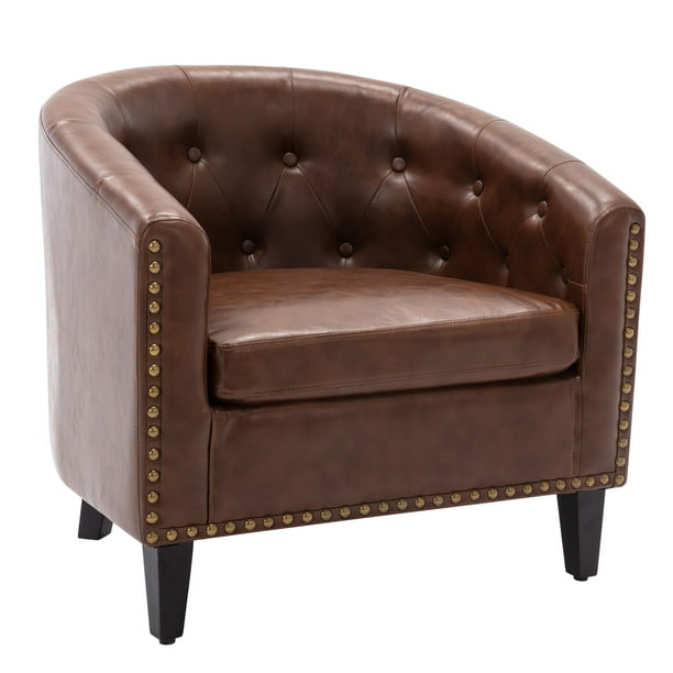 Pu Leather Tufted Barrel Chairtub Chair, Brown Leather Tufted Armchair