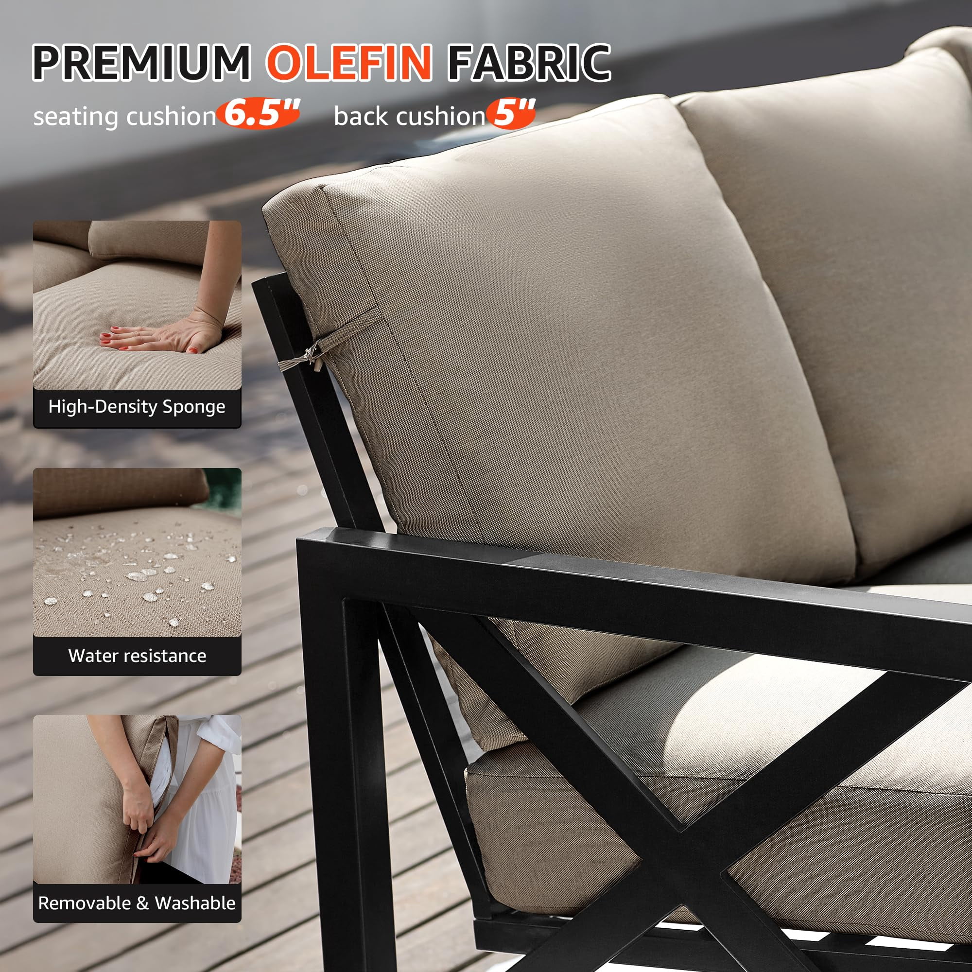 NATURAL EXPRESSIONS 6 Pieces Patio Furniture Sets, Metal Patio L Shape Sectional Couch Sofa Conversation Sets with 6.5" Shale Cushions,HighBack Hand-Brush Black Frame