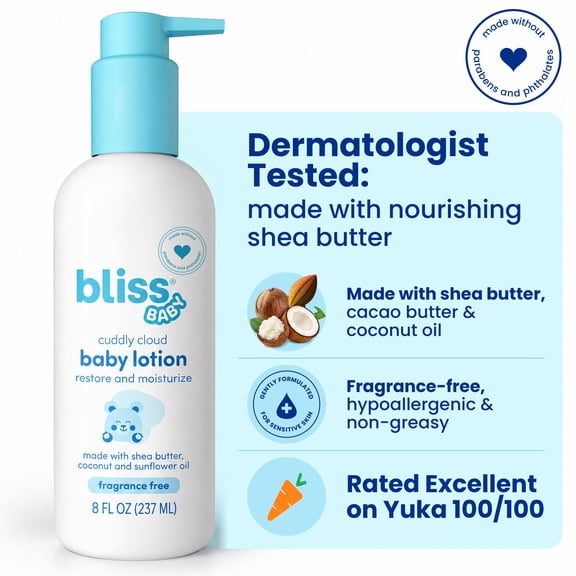 Bliss Baby Lotion, Premium & Fragrance-Free, for Dry & Sensitive Skin, Hydrating Daily Lotion - For Babies, Kids & Adults, Vegan, Hypoallergenic, Dermatologist Tested, Clean & Gentle, 8 fl oz.