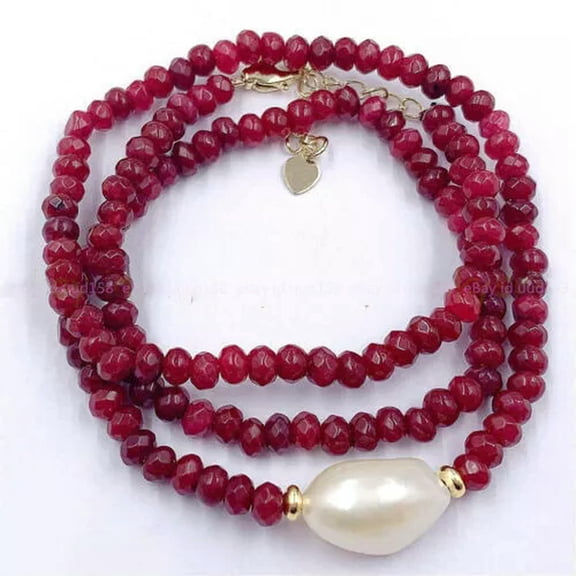 K-KED Faceted 2x4mm Rondelle Red Jade 11-12mm White Baroque Pearl Necklace 14-28''-18 in