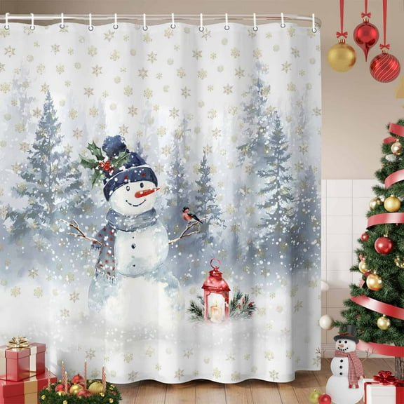 Snowman Shower Curtain, Christmas Golden Snowflakes Pine Tree Forest Snowy Waterproof Fabric Shower Curtains with 12 Hooks, Bathroom Curtain Set for Bathroom Accessories Decor, 72 x 78 Inches
