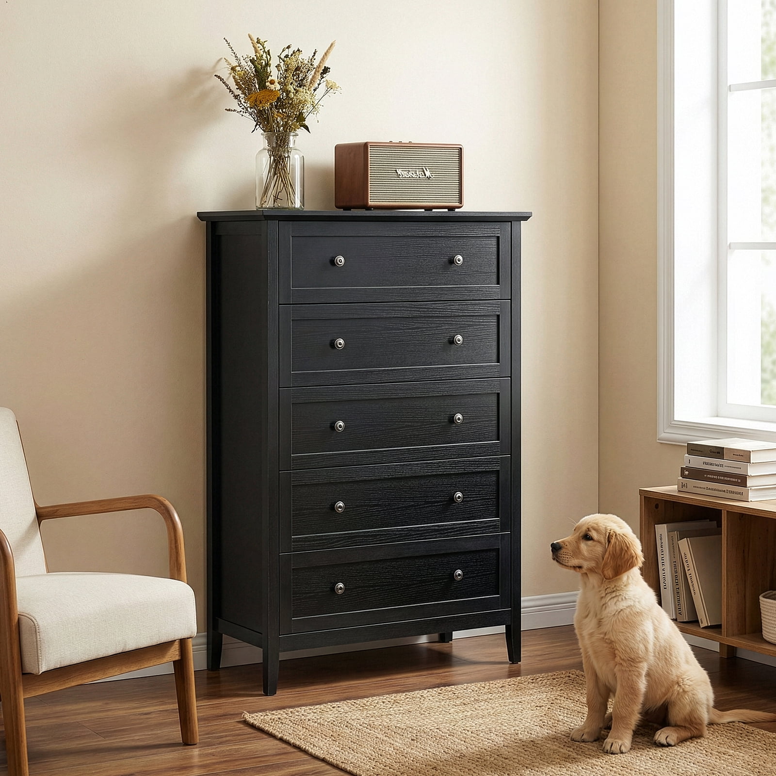 Five Drawers Cabinet, Double Handles P2 Particleboard + MDF Melamine 80*40*115cm Framed