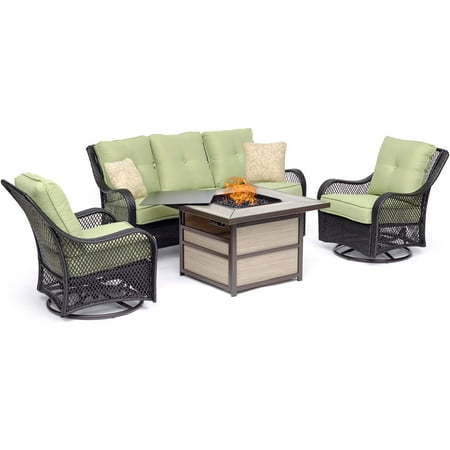 Sahara Wicker - Hanover Orleans 4-Piece Woven Lounge Set with a 40,000 BTU Fire Pit Table in Avocado Green