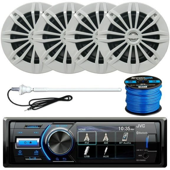 Marine/MotorSports Waterproof Digital Media USB AUX Bluetooth Stereo Receiver, 4 x Enrock 6.5" White 2-Way 180W Water-Resistant Speakers, Long-Range Radio Antenna, Speaker Wire