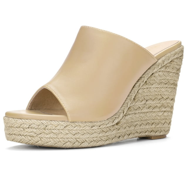 BLISSFUL STEP Chaussures pour Femmes Talon Compensé Bout Ouvert Espadrilles Mules à Plateforme Beige 9