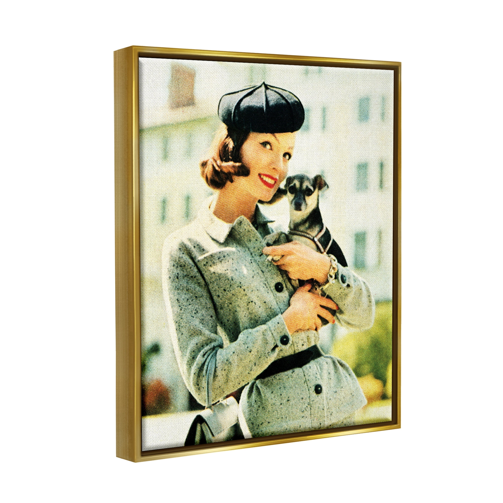 Stupell Industries Vintage Woman & Dog Portrait Beauty & Fashion Photography Gold Floater Framed Art Print Wall Art