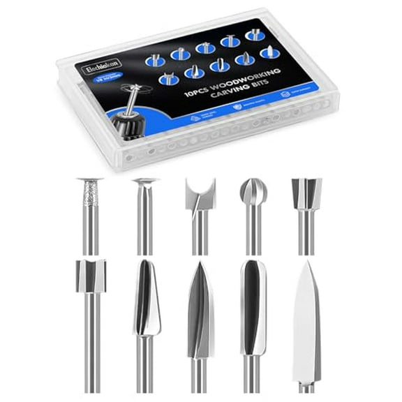 10 PCS Wood Carving Drill Bits Set for Dremel Router and Rotary Tool Engraving Bits, 1/8 Inch Shank for Dremel Tool Accessories Attachments,  Sculpture for Woodworking Carving Shaping Grinding