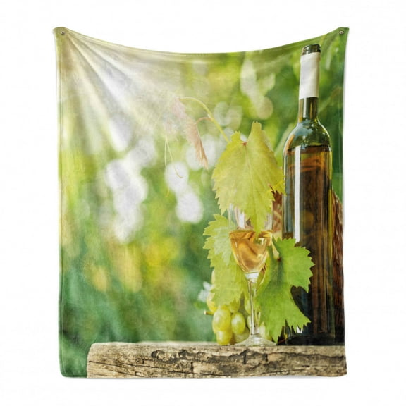 Wine Soft Flannel Fleece Throw Blanket, White Wine Bottle Glass Young Vine and Bunch of Grapes in Green Spring, Cozy Plush for Indoor and Outdoor Use, 60" x 80", Pale Green Yellow Brown, by Ambesonne