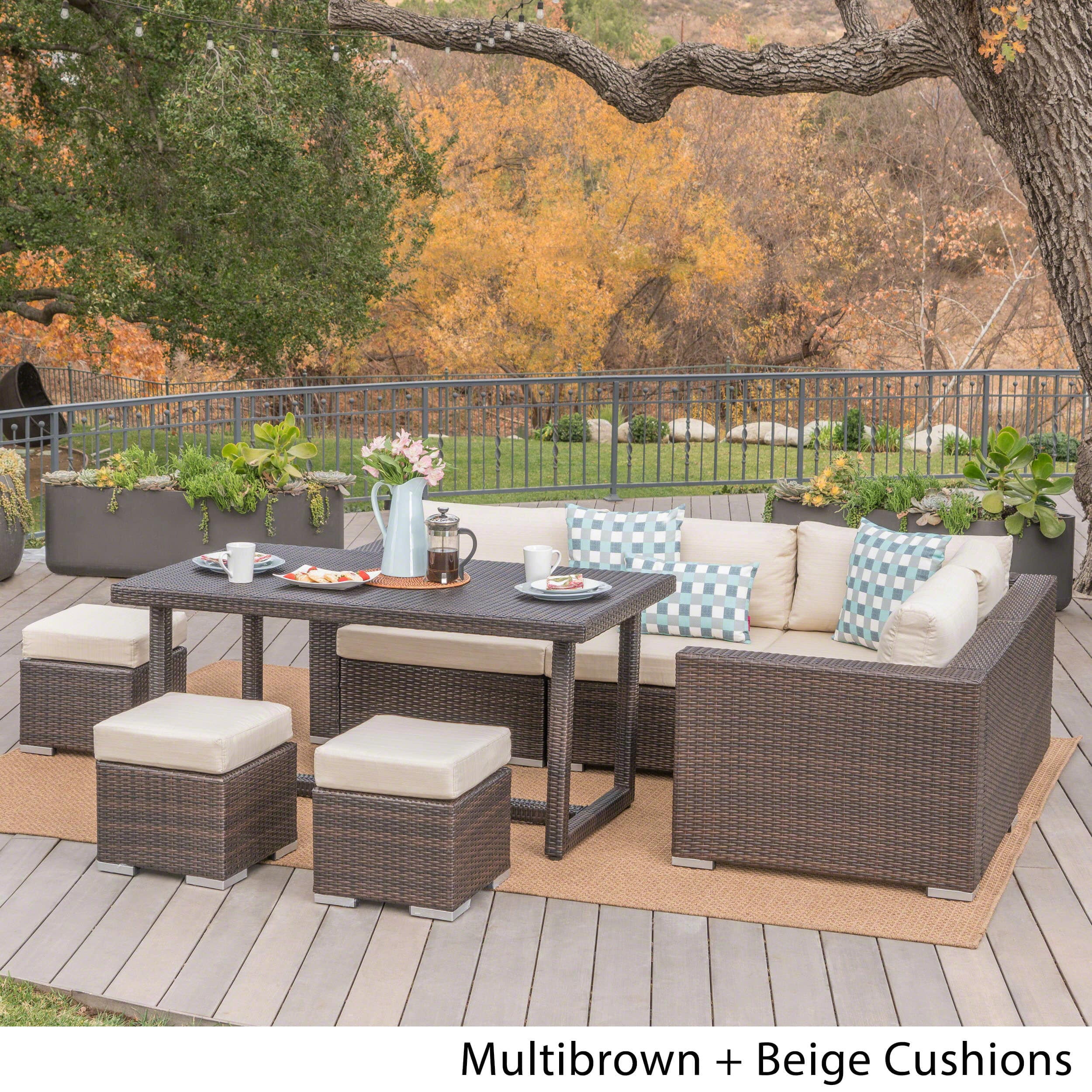 Christopher Knight Home Santa Rosa Outdoor 8 Piece Rectangle Aluminum Wicker Dining Sofa Set With Cushions By Brown Beige