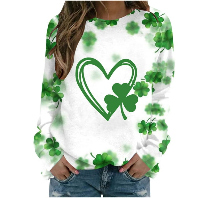 Besolor Chandail en Molleton de la Saint-Patrick pour Femmes Manches Longues Trèfle T-Shirts de la Saint-Patrick Chandail de Fête