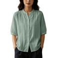 thumbnail image 2 of Uootdi Linen Tops for Women Mandarin Collar Half Sleeve Floral Embroidered Stripe Womens Tops Relaxed Fit Lightweight Womens Shirts for Women, 2 of 6