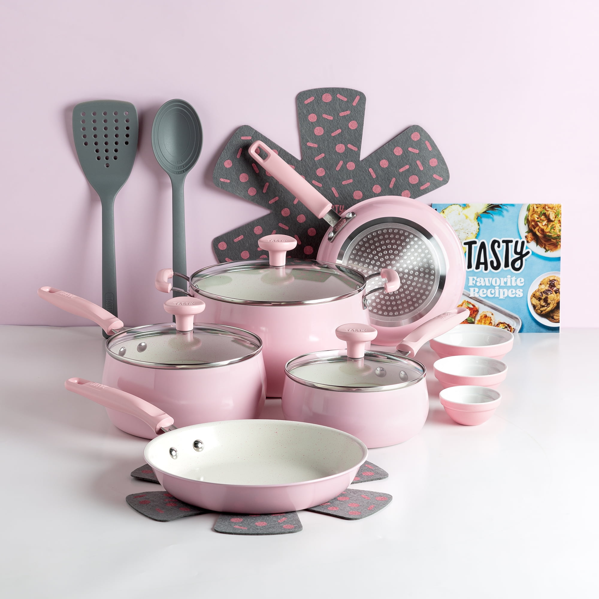 Ceramic Cookware Set Non Stick 16 Pcs Lids Pots Pans Kitchen, Bright Pink