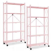 Folding Shelf on Wheels 5-Tier , Freestanding Metal Wire Storage Rack for Pantry Kitchen Garage, No Assembly Rolling Shelves Unit (Pink-2Pack)