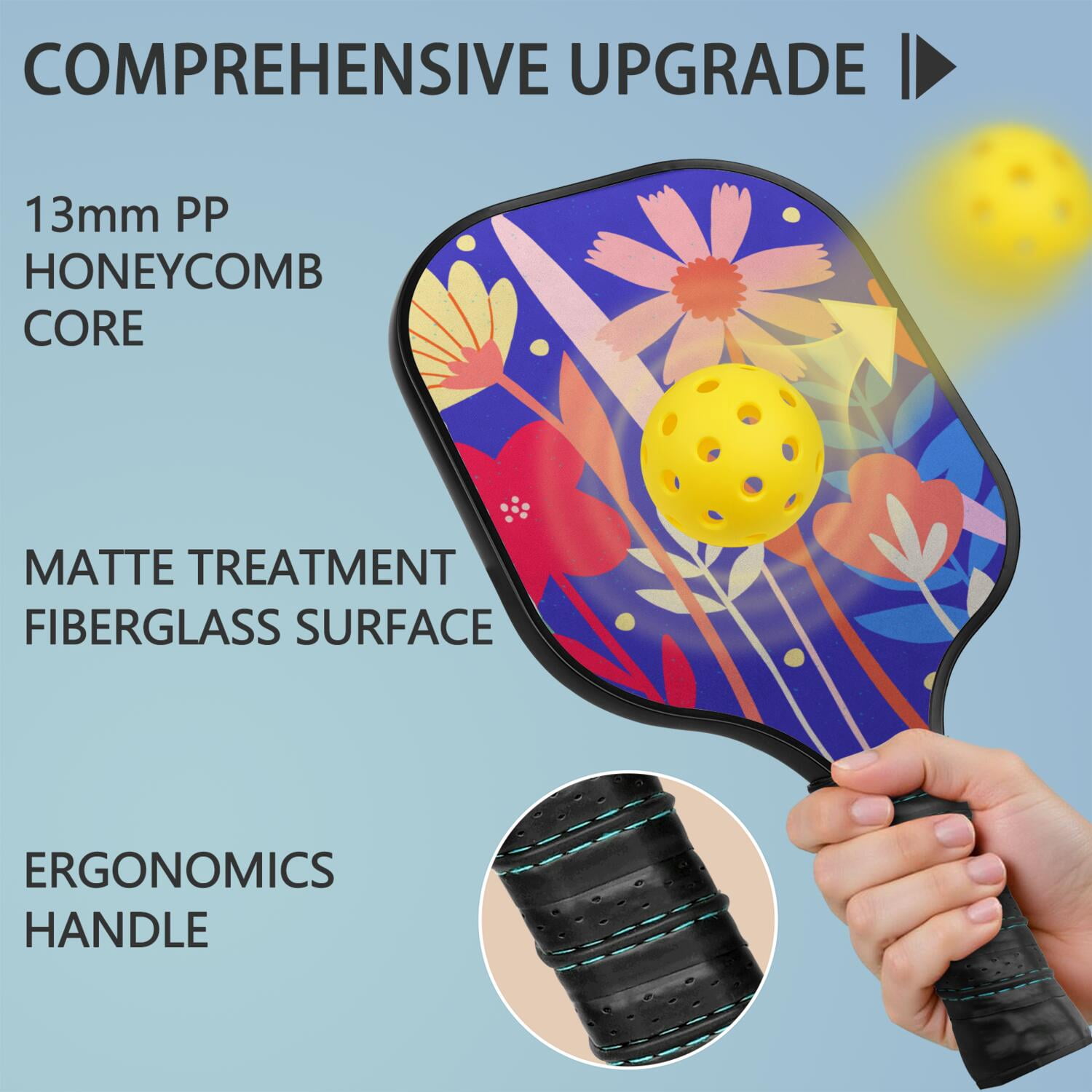 Pickleball Paddles Set Of 1, Fiberglass Surface, Vintage Floral Print, 1 Paddle, 2 Balls & Bag