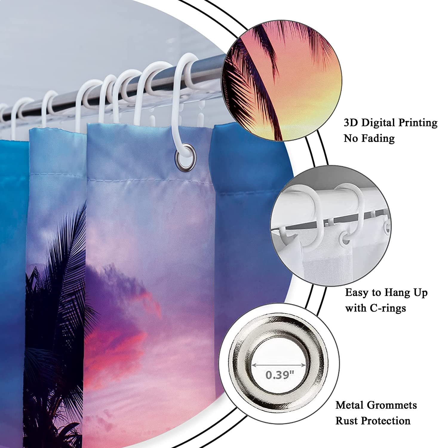 Beach Shower Curtain Ocean Sunrise Tropical Palm Tree Hawaiian Sunset Costal Scenery Sea Waves Summer Bathroom Home Decor Set Waterproof Polyester 72WX72H Inch 12 Pack Plastic Hooks WW-IHTB