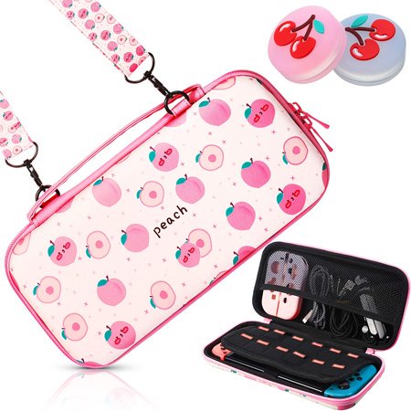Estuche de transporte de carcasa dura con patrones de melocotón Estuche de transporte portátil y protector con 2 tapas de pulgar Compatible con accesorios de Nintendo Switch ACTIVE Biensenido a ACTIVE