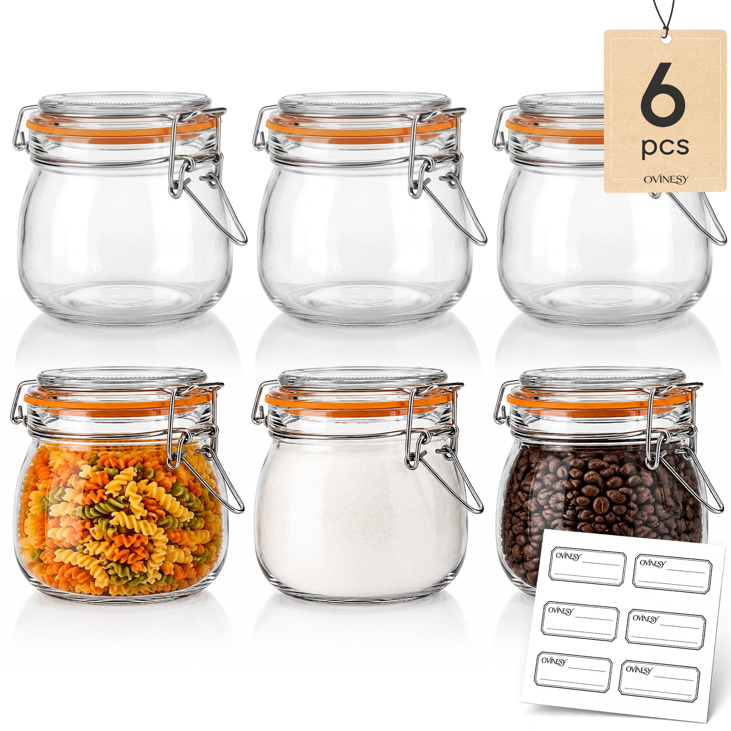 OVINESY 6-Pack 17oz Glass Mason Jars with Airtight Lids, BPA-Free Glass Storage Containers for Food, Pickling, Sugar, Cookies & Nuts, Kitchen Canisters for Pantry Organization, Small Jar with Lids