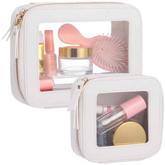 2 Pcs Clear Makeup Bag Set, PU Leather Cosmetic Pouch with Transparent Window & Double-Zipper Design, Women Waterproof Travel Organizer for Car Storage and Office Daily Use (White)