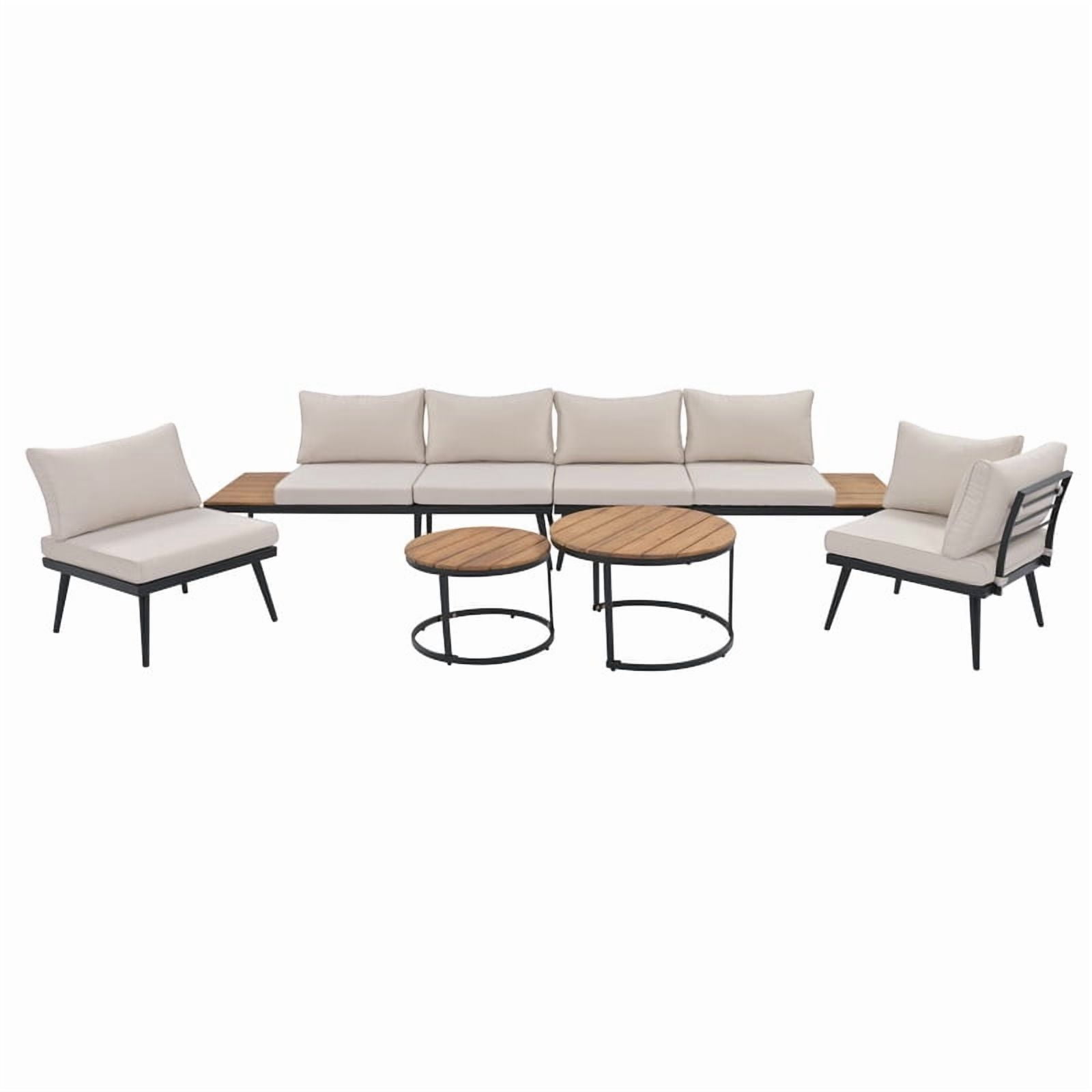 6-Piece L-Shaped Outdoor Sectional Sofa Set with Round Nesting Coffee Tables, Patio Furniture Set with Side Tables, Outdoor Conversation Set with Cushions