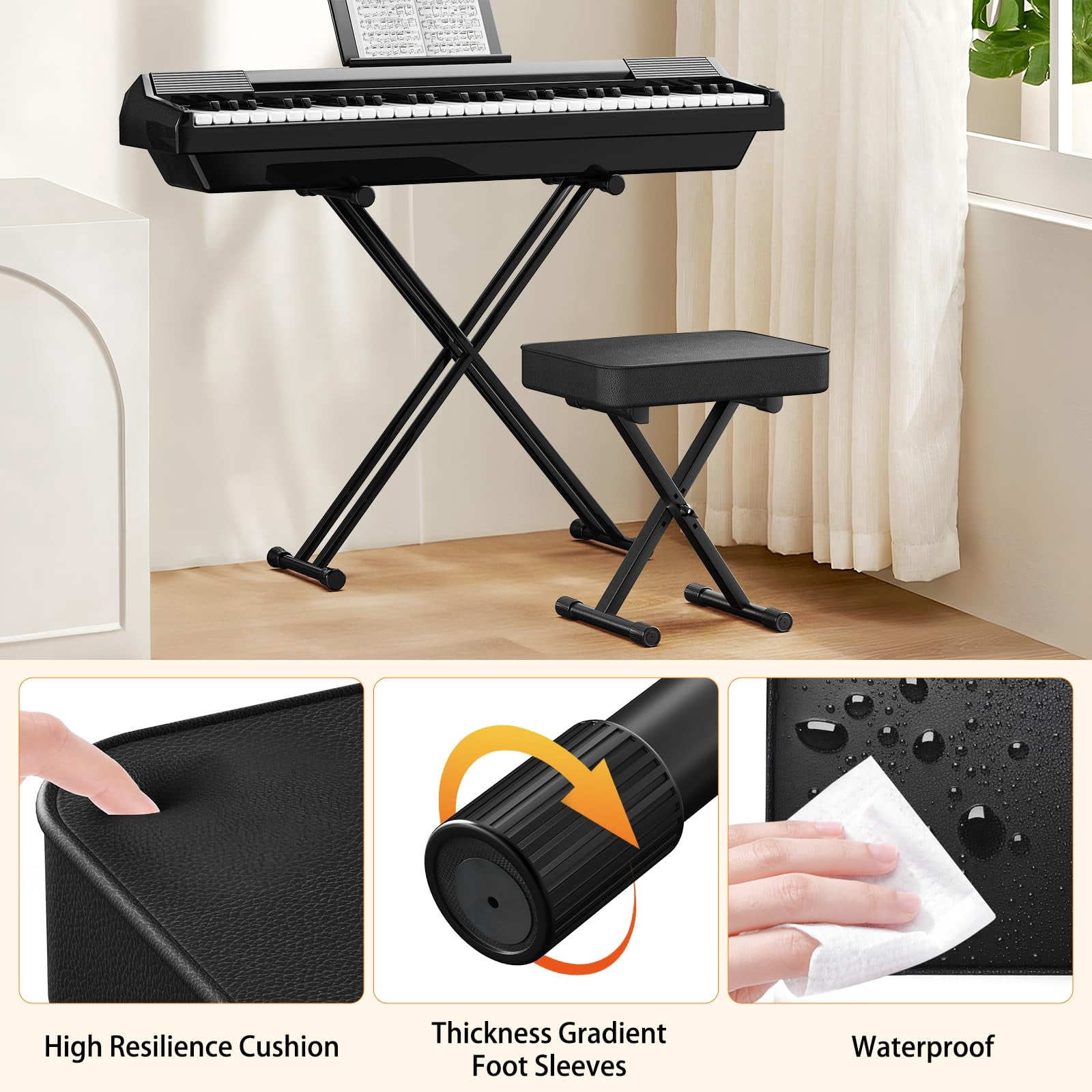 Keyboard Bench Padded Cushion X-style Height Adjustable 16.5''-18.5''  Piano Stool Chair Black