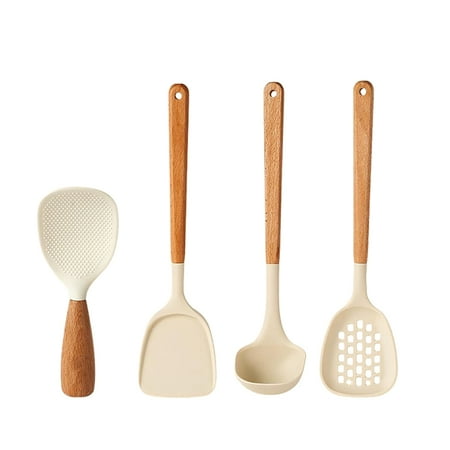 

Rice Spoon with Wooden Handle Non-Stick Heat Resistant Kitchen Utensil Standing Rice Cooker Spatula Kitchen Tool Nylon Rice Spoon +Silicone Solid Spatula+Soup Ladle+Slotted Spoon