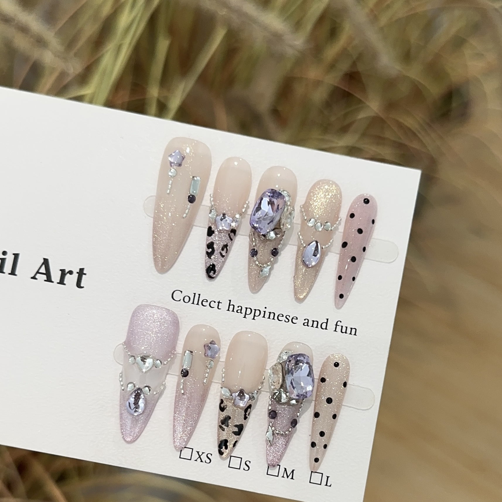 Purely handmade wearing nail high-end purple cat eye long pointed high-end nail art pieces stacked with diamonds and gold fake nail patches