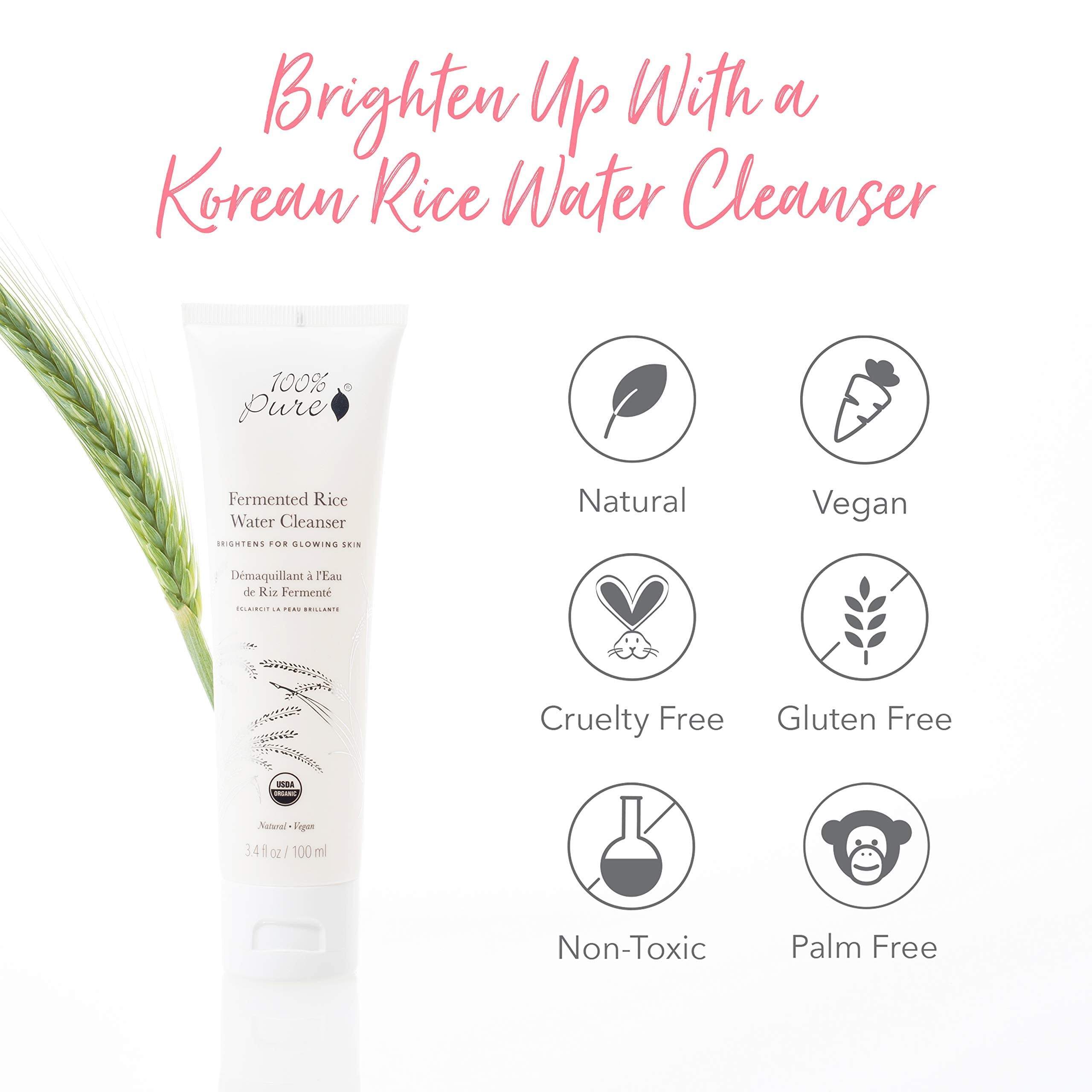 100% PURE Fermented Rice Water Cleanser, Face Wash, Skin Care For All Skin Types, Daily Makeup Remover, Natural Face Wash for Clear Skin - 3.4 Fl Oz