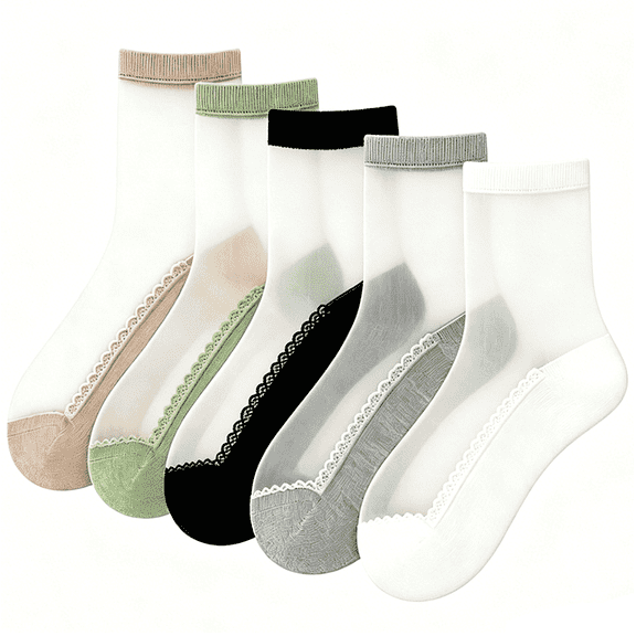 5 Pairs Sheer Socks with Lace Trim for Women,Summer Ultra Thin Cool See Through Silk Socks for All Shoes