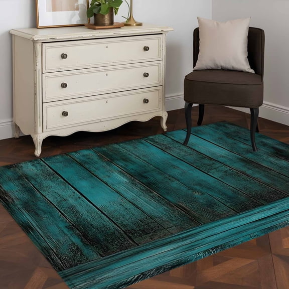 3'x5' Area Rugs, Teal Board Indoor Outdoor Area Rug for Living Room Bedroom, Vintage Chic Wooden Grain Washable Bathroom Rugs Kitchen Floor Carpet Mats Home Decor Aesthetic