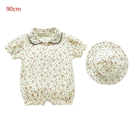 

2Pcs Baby Girl Boy Rompers Hat Set Cotton Cherry Flowers Jumpsuit Cap Clothes