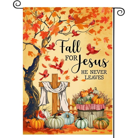 Fall in Love with Jesus He Will Never Leave Banner, Pumpkin Fall Harvest Thanksgiving Holiday Yard Outdoor House Banner 28 x 40 Garden Flag