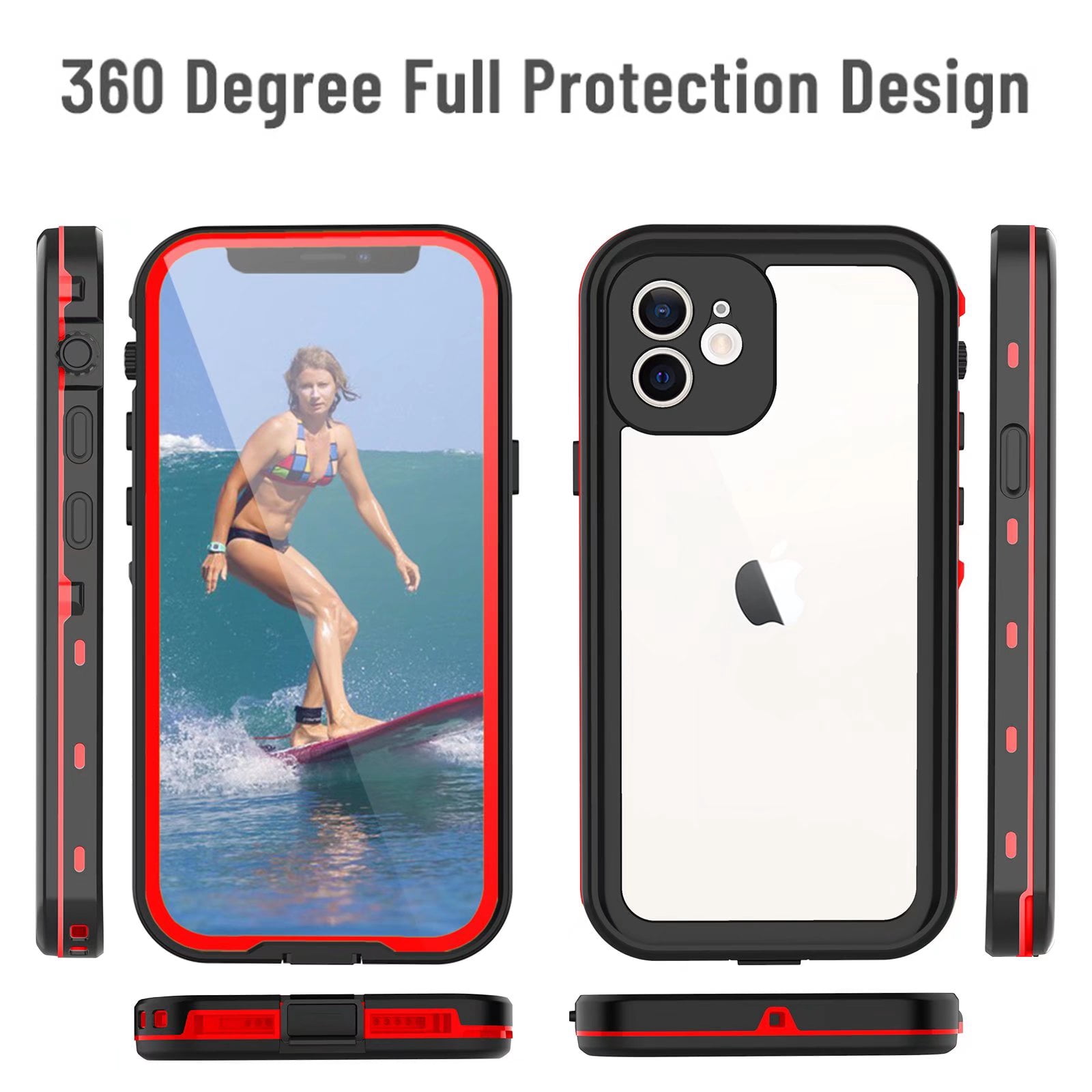 IP68 Waterproof Case for iPhone 12 Shockproof Dust Proof Full Body Hard Case Built-in Screen Protector Underwater Outdoor Clear Phone Cover (6.1" Red)