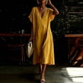 thumbnail image 5 of LNWUY Women's V Neck Linen Maxi Dress with Lace Trim Short Sleeve Solid Color Loose Pocket Long Dress Summer Casual Beach Dress Yellow M, 5 of 6