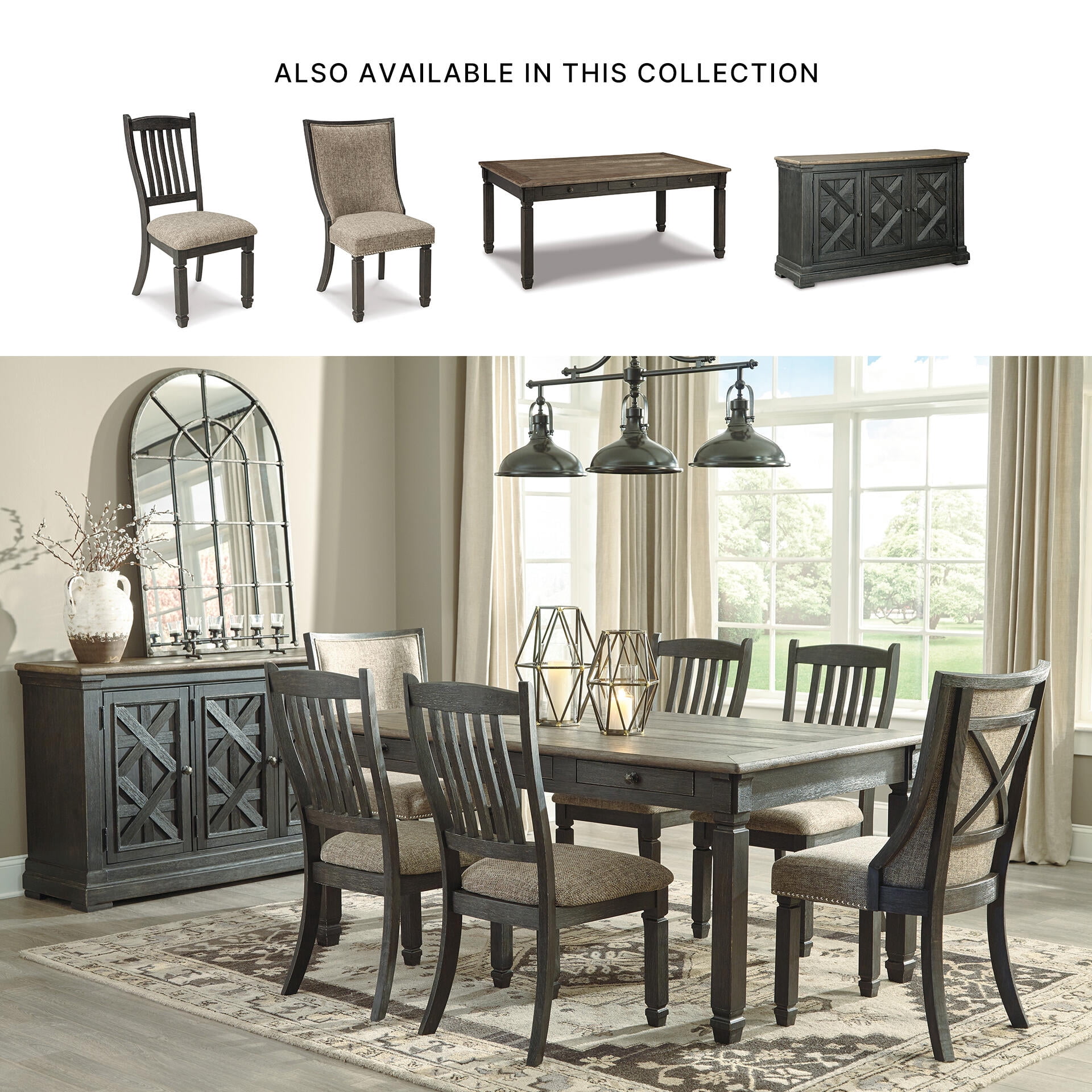 Signature Design by Ashley Tyler Creek Slat Back Dining Chairs Set of 2, Black and Grayish Brown Two-Tone Solid Wood with Cushioned Seats