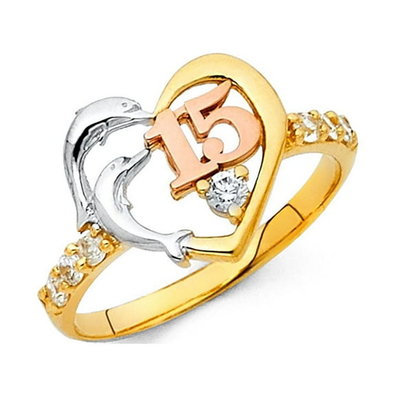 14k Yellow White Rose Gold Dolphin Quinceanera 15 Ring Heart Band Quince Good Luck Fancy Size 7
