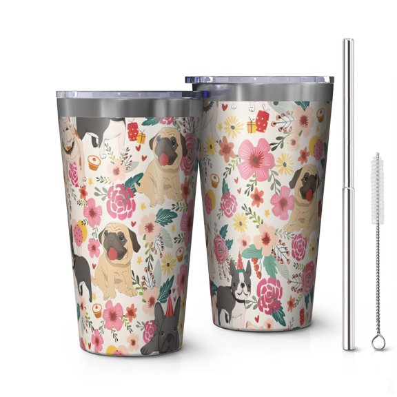 16oz Tumblers Pug Dogs with Flowers Stainless Steel Vacuum Insulated Double Wall Travel Tumbler Cups Mug with Lid and Straw,Cleaning Brush for Coffee,Tea
