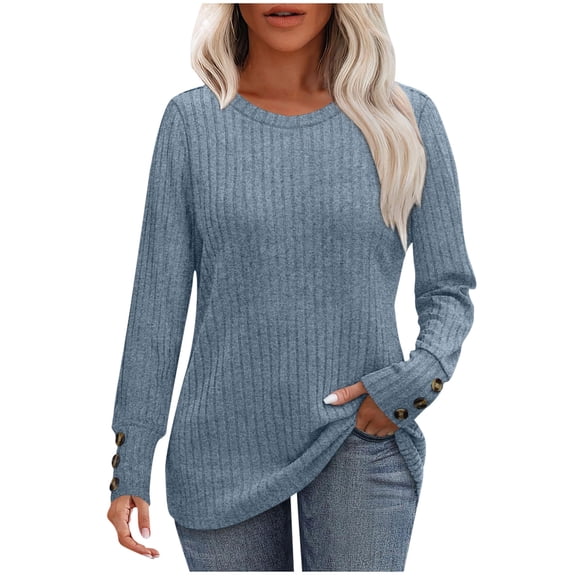 Enjoytime Tops for Women Solid Color Crewneck Long Sleeve Shirts Trendy Business Casual Blouses Fall Winter 2025 Clothes Blue L