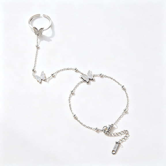 YMCSTONEMA Women's Silver-Tone Butterfly Chain Ring & Fixed Bracelet Set - Adjustable Bracelet Non-Detachable Design