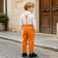 thumbnail image 6 of QTBIUQ Toddler Boys Three-Piece Suit Set Cotton Turn-Down Collar Shirt and Suspender Pants Formal Outfit Set with Bow Tie, 6 of 9