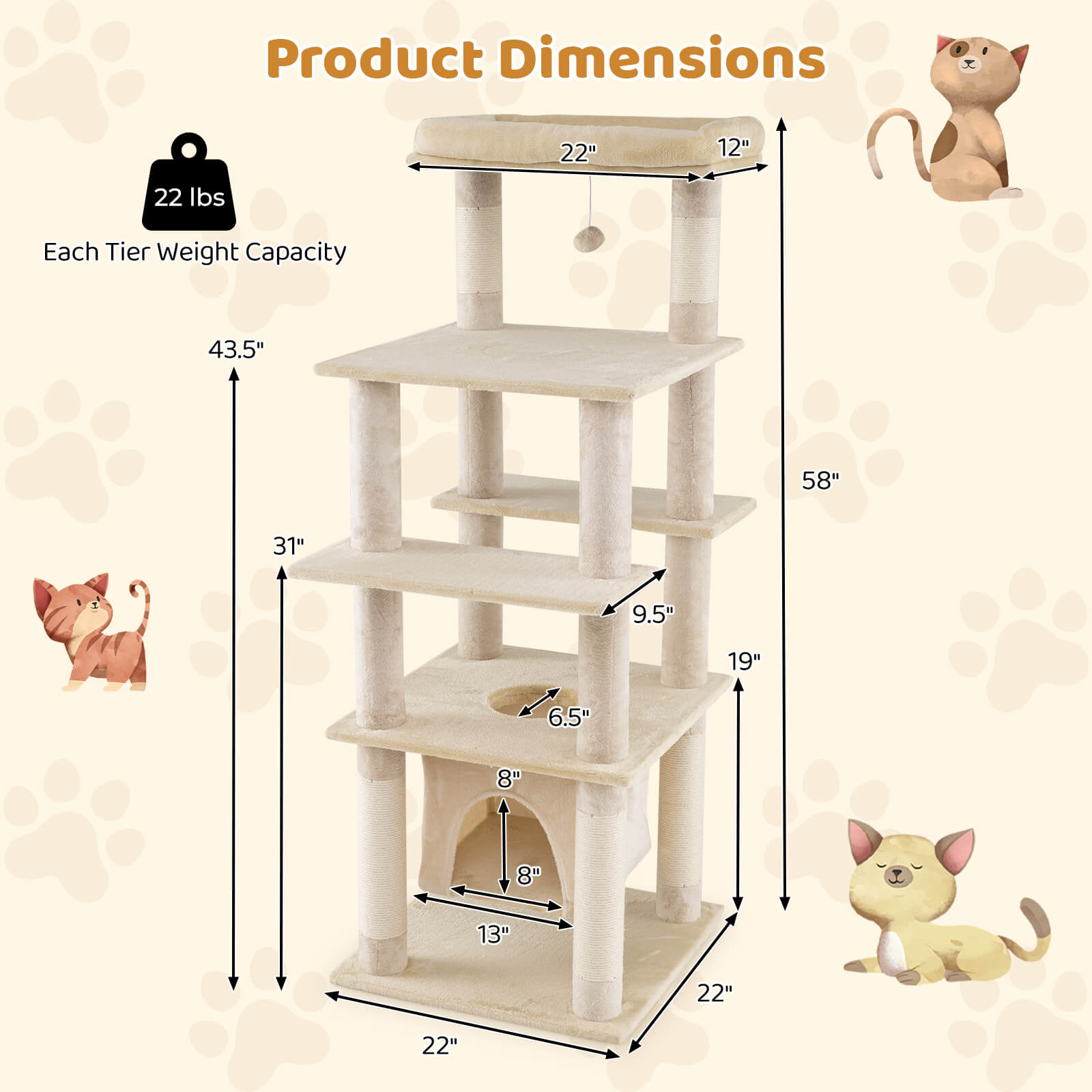 Costway Large Multi-level Cat Tree 58" Tall Cat Tower with Swaying Aerial Condo Perch Bed Beige