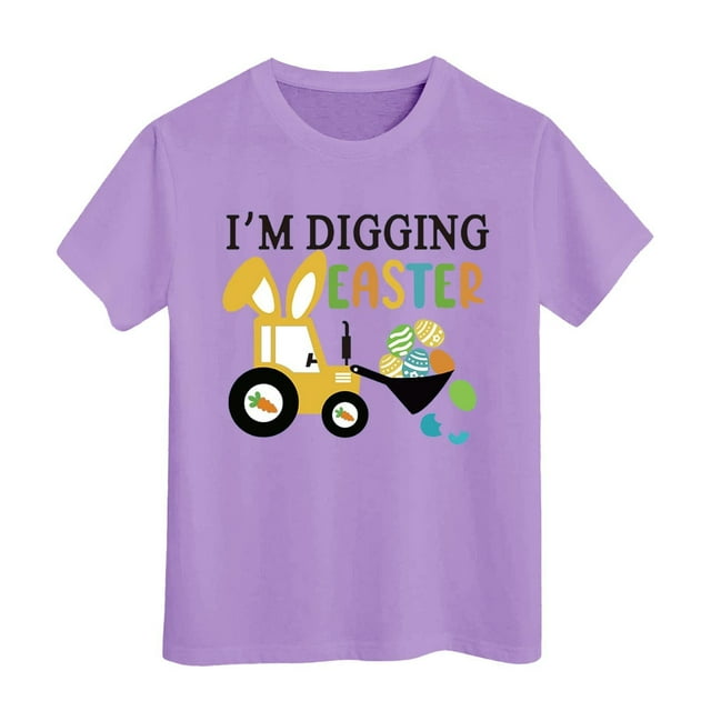 PMVFHDE T-Shirt Graphique à Manches Courtes Imprimé Lapin de Pâques pour Enfants, Col Rond, Décontracté, Printemps Été, Violet Clair, 6-7 Ans