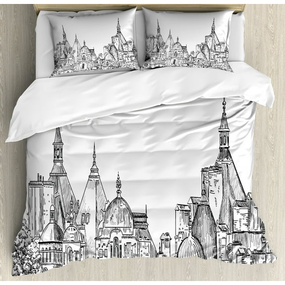 Modern Duvet Cover Set, European City Landscape Sketchy Painting with Landsmarks Image Print, Decorative 3 Piece Bedding Set with 2 Pillow Shams, Queen Size, Black and White, by Ambesonne