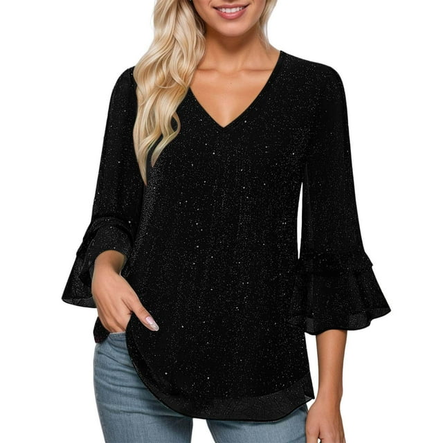 DHFJKG Shirts For Women 3/4 Sleeve Glitter Sequins V Neck Ruffle Loose Fit Soft Tee Carnival Stylish Tops