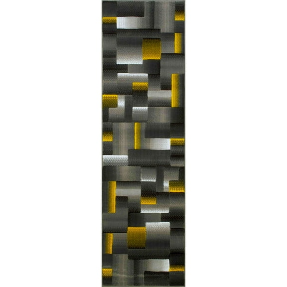 HR Yellow Grey Silver Abstract Rug Modern Contemporary Geometric Square Design 2' x 7' Runner