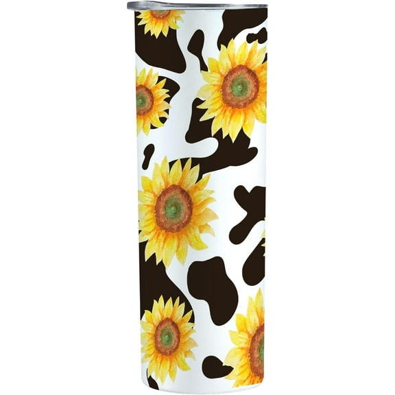 Cow Gifts for Women, Seamless Cow Print Design, Cow Cup, Sunflowers Gifts for Cow Lovers, Girls, Besties, 20 Oz Stainless Steel Skinny Tumbler