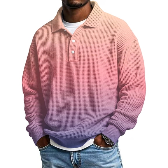 Aimik Polo Shirts for Men Long Sleeve Waffle Knit Button Down Casual Gradient Tops Fall Winter Soft Stretch Collared Shirt,Pink,XXL