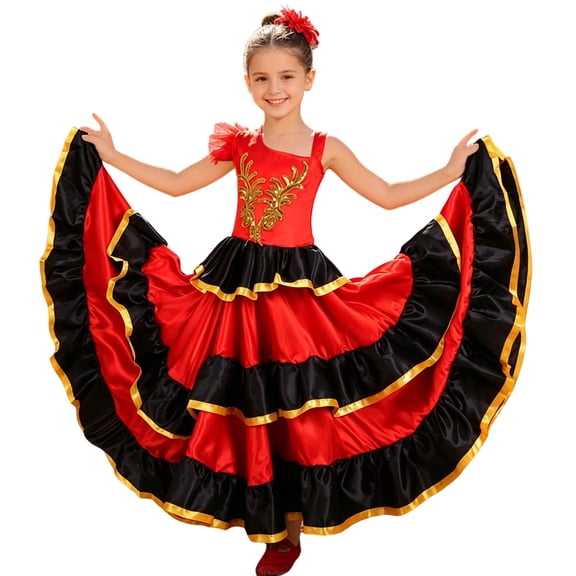 WOYY Toddler Girls Spanish Traditional Flamenco Dance Dress Layered Swing Maxi Dress, Red