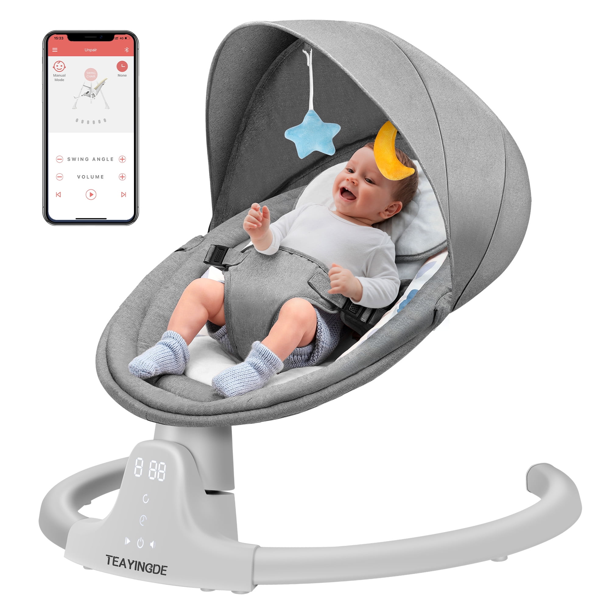 TEAYINGDE Baby Swing for Infants, APP Remote Bluetooth Control, Compact & Portable, 5 Speed, 10 Lullabies, USB Plug-in Power, Indoor/Outdoor, 5-20 lb, 0-12 Months (Gray)